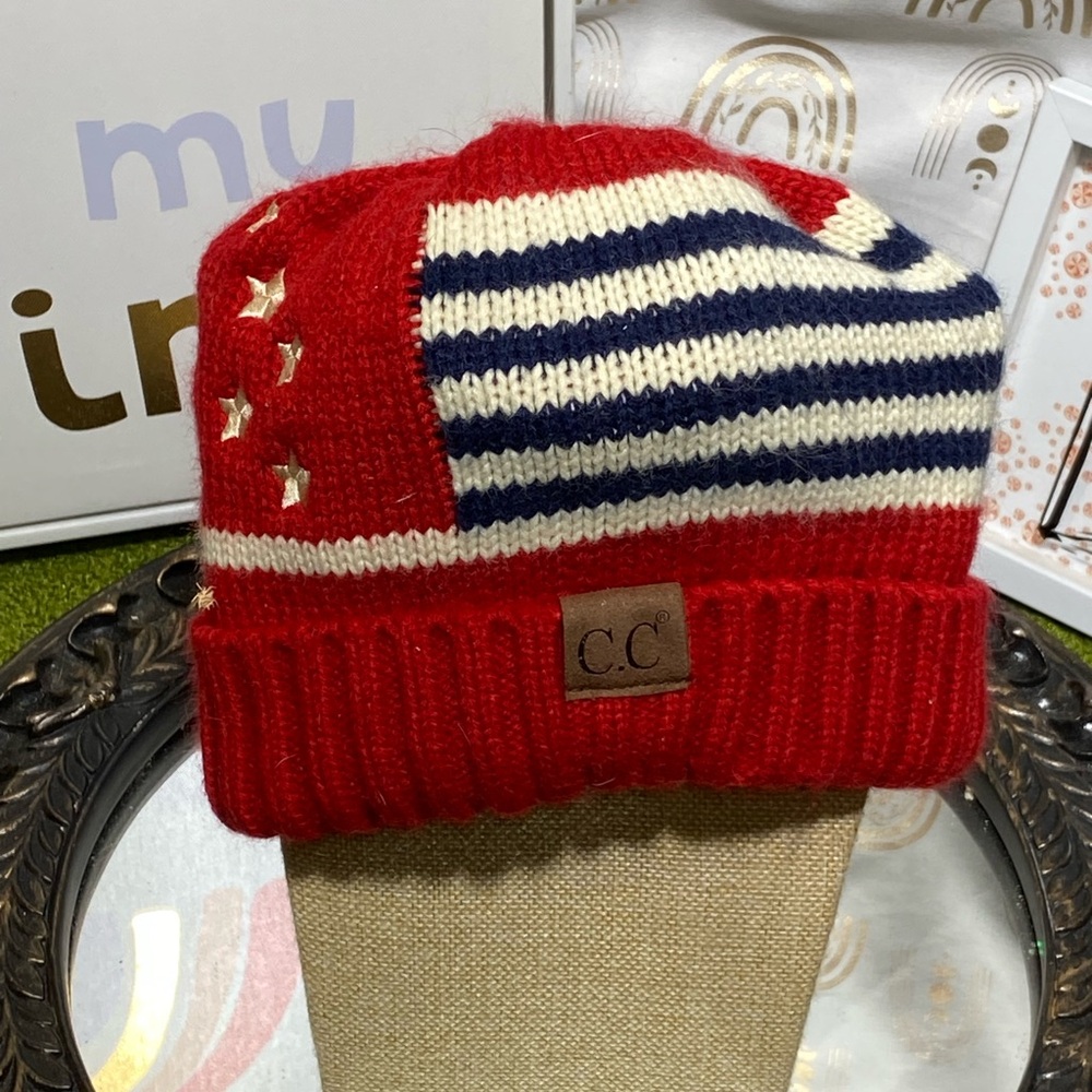 C.C Kids Red and Navy Striped Star Beanie